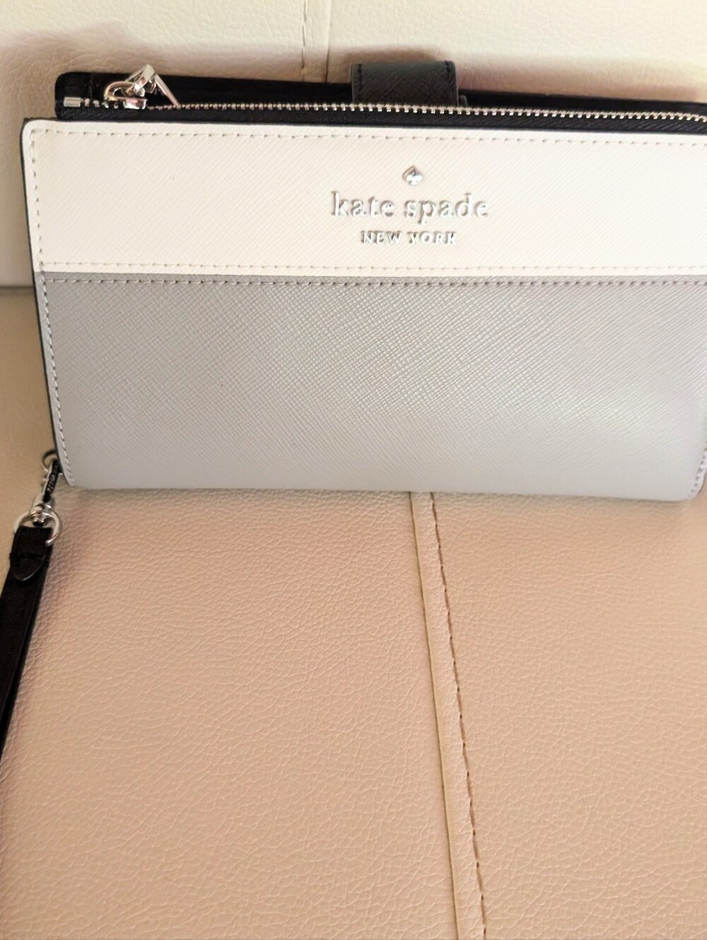 Kate Spade ♠Madison Double Zip Wristlet Wallet Saffiano Leather Platinum Grey ♠️
